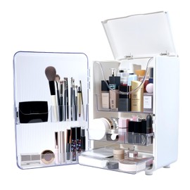 AERCIINC Makeup Organizer with brush organizer for Vanity,Large plastic drawer storage,White bathroom organizers and storage with drawer for Vanity (White)