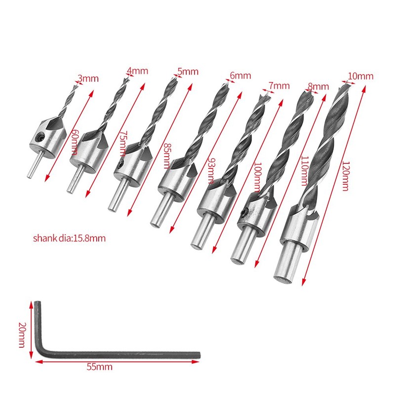 7 Pieces 5 Flutes Woodworking Countersink Wood Drill Bit Set