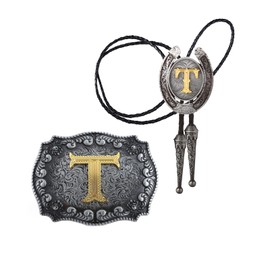 HUABOLA CALYN 2 Pieces Western Cowboy Belt Buckle Bolo tie Set for Men Golden Initial Letter ABCDMJR to Z Costume (T)