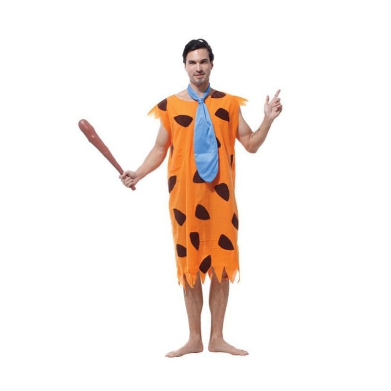 Adult Fred Flintstone Costume, Orange Prehistoric Dress with Blue Tie,