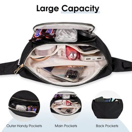 Bum Bag with Extender Strap Ladies Fanny Waist Pack with Three Pockets Waist Bag Women Large Capacity for Fashion Travel Dog Walking Hiking, Black