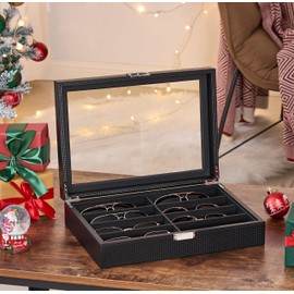 BEWISHOME Glasses Organizer for Men, Sunglasses Organizer, 8-Slot Sunglasses Storage Case with Large Clear Glass Lid, PU Leather Lined Eyewear Display Box
