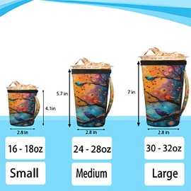 Reusable Iced Coffee Cup Sleeve Colorful Birds Neoprene Insulated Sleeves Cup Cover Holder Coffee Cup Sleeves with Handle for Cold Drinks Tumbler Cup,30-32oz