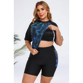 Halcurt Women Plus Size Rash Guard and 8" Swim Shorts Sets Built in Bra Swim Suits UPF 50+ Black Green Palm 2X