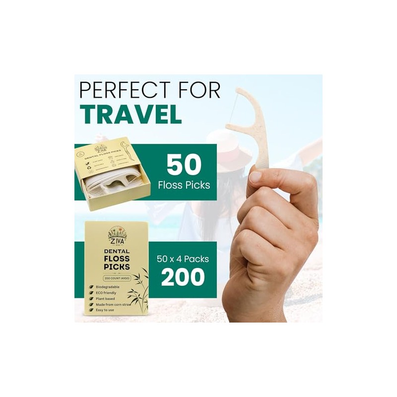 Ziva Eco Biodegradable Dental Floss Picks, 200 Count, PLA Corn