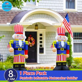 Independence Day July 4th Inflatable Nutcracker Patriotic Soldier Holds Flag Yard Decor Lighted Indoor & Outdoor Decoration with Built in Blower Fan and Anchor Ropes 8 Feet Tall