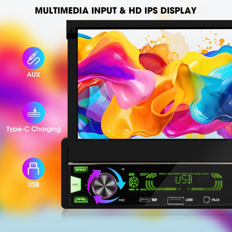 Single Din Wireless CarPlay Stereo: 7 Inch Motorized Flip Out