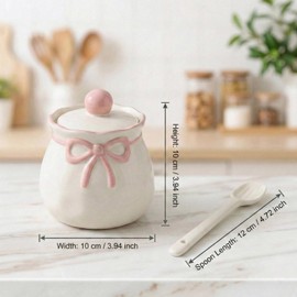 Seyont 3.1 Inch Ceramic Spice Jar - Sugar Bowl with Lid and Spoon, Pink Bow Seasoning Container, Kitchen Canisters for Pantry Storage, Coffee Container