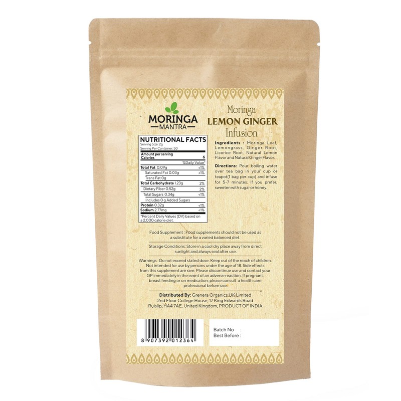 Moringa Mantra Moringa Lemon Ginger Herbal Tea 50 Dip Bags,