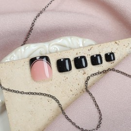 24 Pcs Press On Toenails for Women MINGCHUN Summer Pink Solid Color Black Toe Nails Press Ons Toe Nail Tip with Tool Fake Nails Full Cover False Toenails with Black French Glossy Design