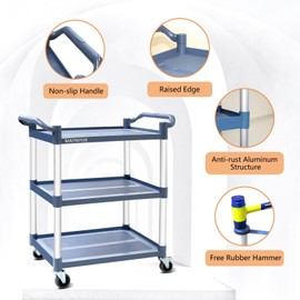 MAYNIYJK Utility Carts with Wheels, 3-Tier Restaurant Cart, Heavy Duty Rolling Cart Food Service Cart 420lbs, Plastic Bus Cart with Lockable Wheels and Rubber Hammer for Warehouse/Office/Kitchen, Grey