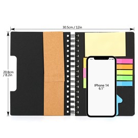Simpolor Pack of 2 Spiral Notebook Steno Business Notepad, Wide Lined Notebooks with Sticky Notes and Index Tabs, Page Markers for School, Office, Business Trip (Black + Khaki Colour)