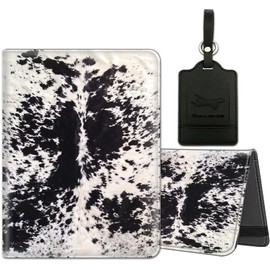 Passport Holder for Travel with Luggage Tag, PU Leather Passport Wallet with RFID Blocking for Women Men, Multi Card Slot Passport Cover Case, Cowhide Black & White Cow Spots Pattern
