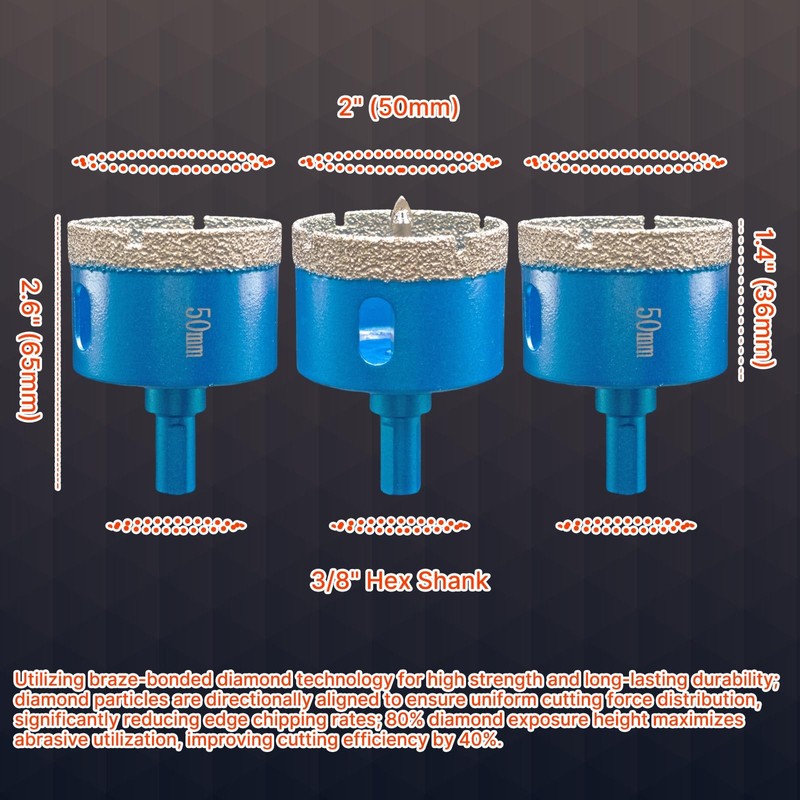 2" (50mm) Diamond Hole Saw Drill Bit Set - Includes