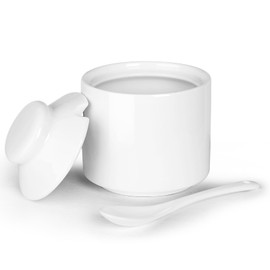 HAOTOP 8 oz Sugar Bowl with Lid and Spoon,Ceramic Sugar Dispenser Sugar Jar Sugar Container Coffee Bar Accessories, Kitchen Countertop Canisters (White)