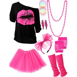 Blulu '80s Costume Accessory for Women Set, T-shirt Lip Print Adult Tutu Skirt Lace Headband Neon Earrings Necklace Leg Warmers Fishnet Gloves Bracelet, xxl, Rose-red