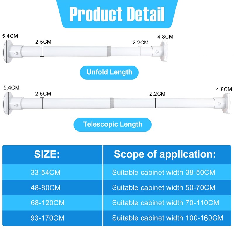 Wardlock 33cm-54cm White Extendable Stainless Steel Wardrobe Rail, Adjustable Clothes