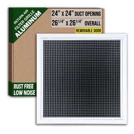 Fits 24x24 Duct Opening | Aluminum Eggcrate Return Air Filter Grille | Low Noise-High Air Flow, Rust Free Vent Cover for Sidewall&Ceiling | Rem. Door | White | Out. Dim: 26 1/4"W X 26 1/4"H