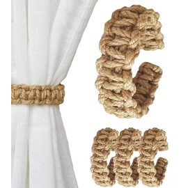 4 PCS Natural Jute Rope Curtain Holdbacks -Flexible Steel Core Tiebacks - Curtain Tie Backs for Home Office Room Decor
