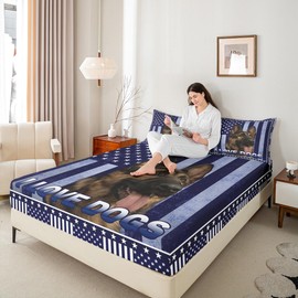 Juego de sábanas bajeras de la bandera americana, tamaño matrimonial, estampado 3D, juego de cama de perro pastor alemán con estampado 3D, 3 piezas para niños, adolescentes, hombres, azul marino,