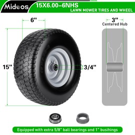 2pcs 15x6.00-6 Flat Free Tire And Wheel, 15x6-6 NHS Lawn Mower Tire