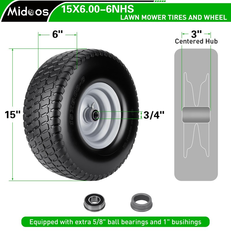 2pcs 15x6.00-6 Flat Free Tire And Wheel, 15x6-6 NHS Lawn
