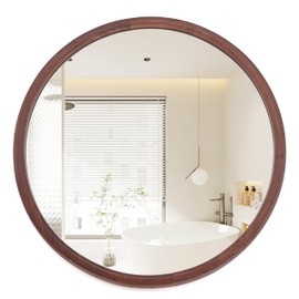 ALMWLB Round Wall Mirrors Oak/Black/Walnut 20/30 Inch Framed Circular Mirror Bathroom Vanity Big Mirror Tempered Glass Wall Mounted Mirrors Farmhouse (Walnut, 30" L x 30" W)