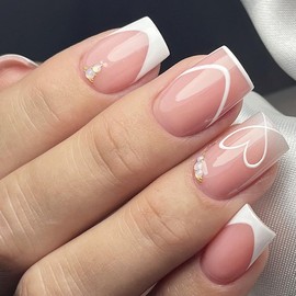 YEFIUO Square Press On Nails Short - 24 Pcs Pink Extra Short Fake Nails Press ons,White French Nail Tips Acrylic Nail Kit,Artificial False Nails with Rhinestone Flower Charms Glitter Design for Women