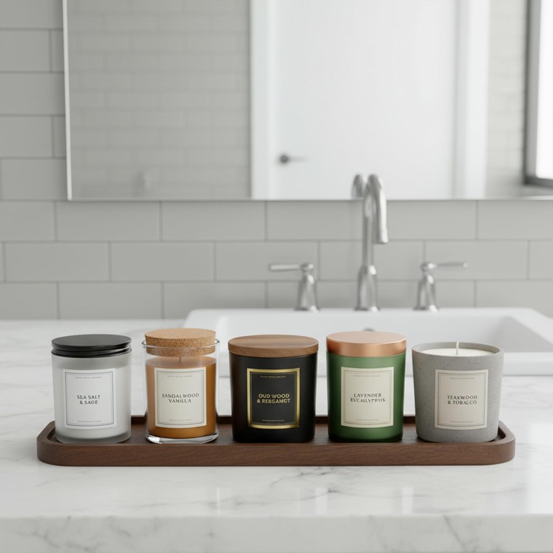 Wood Candle Holder Tray Set, Long Tray and Round Candle
