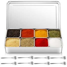 Boao 8 Compartment 304 Stainless Steel Seasoning Condiment Container with Lids Spoons, 17.5 x 11.6 x 2.6 in Japanese Yakumi Pans Mini Sauces Salad Dressings Storage for Food, Herbs, Spices