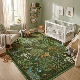 GarveeHome Jungle Washable Rug 9x12 Area Rugs for Living Room Bedroom, Animal Print Rug Non Slip Low Pile Forest Stain Resistance Large Throw Carpet for Dining Room Kids Playroom Nursery, Dark Green