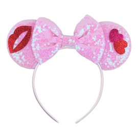 CIVFCRT Valentine's Day Headband Pink Glitter Sequin Mouse Ears Headbands with Pink Bow Red Lips、Heart Design for Women Valentine's Day Party Princess Decoration