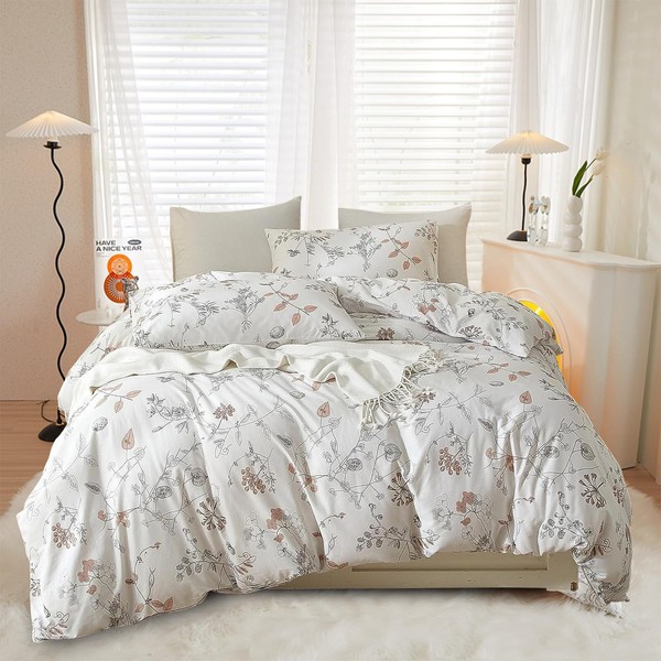 EAVD Girls Floral Duvet Cover Twin Soft White 100% Cotton Tree Branches Floral Bedding Set with 2 Pillowcases Fresh Chic Garden Botanical Duvet Cover with Zipper Closure 4 Ties