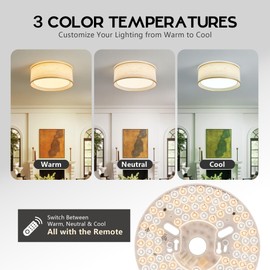 NAVOHEVEN 16" Modern LED Dimmable Flush Mount Ceiling Light with Color Temperature Adjustment, Fabric & Rattan Double Drum Shade Boho Ceiling Light Fixture for Bedroom Living Dining Room, Rippled Wood