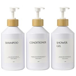Janxin Refillable Shampoo and Conditioner Bottles, Shampoo Bottles with Pump, Pump Bottle, Dish Soap Dispenser with Labels, Kitchen Soap Dispenser Set (White bottle + white bamboo)