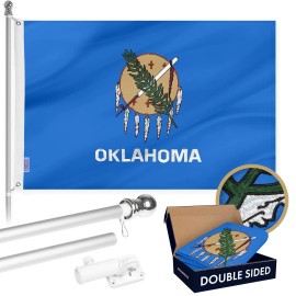 UD_G128 Combo Pack: 6 Ft Tangle Free Aluminum Spinning Flagpole (Silver) & Oklahoma OK State Flag 3x5 Ft, Double ToughWeave Seri