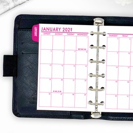 Pocket Fuchsia Flare Month on 2 Pages Tabbed Calendar Refill, 3.2 x 4.7, Sunday Start, Ring Binder Planner Insert, Dated Monthly View, Dark Pink Full Color Print, Choose 12 Months