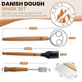 Danish Dough Whisk Set 4PCS – Bread Whisk, Dough Hook, Sourdough & Bread Making Tools Kit – Includes Wooden Bench Scraper, Bread Lame & Pastry Brush – Top Sour Dough Tools for Baking
