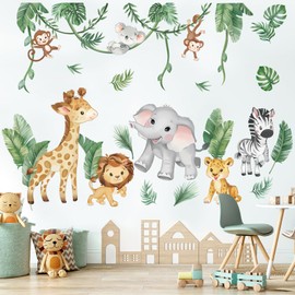 wondever Jungle Animals Tropical Leaves Wall Stickers Safari Lion Giraffe Elephant Peel and Stick Wall Art Decals for Baby Nursery Kids Bedroom Living Room