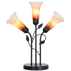 Bieye L10788 Lily Flower Tiffany Blown Glass Table Lamp with 2 USB Ports 3 Lights Rotary Switch and In-line Switch for Living Room Bedside Home Decoration, 15 inches Wide, 18.5 inches Tall