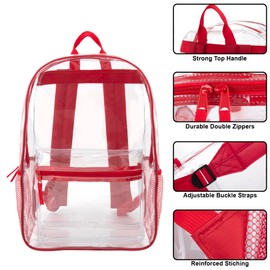 Clear Backpack Heavy Duty Transparent Bookbag for Kids, Boys, Girls, School, Travel, Stadium Approved (Red)