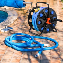 Threehoney Portable Swimming Pool Vacuum Hose Reel Heavy Duty Plastic Vacuum Hose Storage Black Orange Pool Backwash Hose Reel with Carry Handle and Side Mounted Handle for 135 ft 1-1/2" 1-1/4"hose