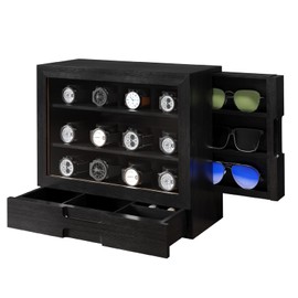 AUTOARK Wooden Watch Sunglass Display Case,12 Watch Box with Jewelry Drawer,Watch Eyeglass Holder with Window,Vertical Storage,Gift Idea,Black,AW-184