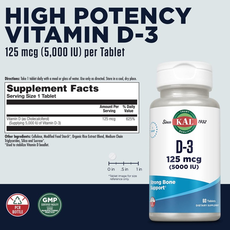 KAL Vitamin D3 5000 IU 125 mcg, High Potency Vitamin