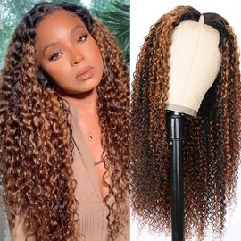 KLAIYI Ombre Brown Curly V Part Human Hair Upgrade U Part Wig with Dark Roots Glueless Highlight Balayage Clip in Half Wig No Glue No Lace No Leave Out 3S Ready to Wear and Go Beginner Friendly 24Inch