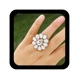 Allereya Boho Gemstone Flower Ring Opal Cluster Flower Ring White Moonstone Floral Ring Gold Cz Flower Finger Ring Adjustable Open Ring Created Opal Ring Jewelry for Women