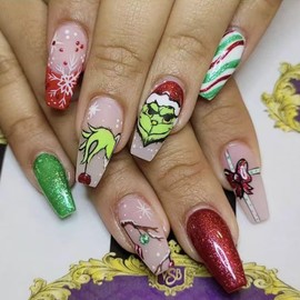 Christmas Long Press on Nails Square False Nails with Snowflake Cute Cartoon Design Coffin False Nails Christmas Fake Nails Winter Glue on Nails Manicure Decoration for Women and Girls 24Pcs