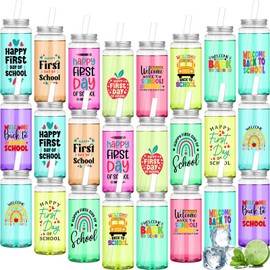 Reallnaive 24 Pcs 13.5 oz Welcome Back to School Tumblers Bulk Reusable Plastic Cups with Lids Straws for Happy First Day of School Celebration Funny Gift for Class Party Supplies (Bright)