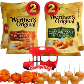(PACK OF 4) Werther's Original Caramel Apple and Pumpkin Spice - Limited Edition Flavors - Harvest Caramels - Soft Caramels Candies - 2 Bags of Each - Comes With One Bus Candy Resealable ZipBag