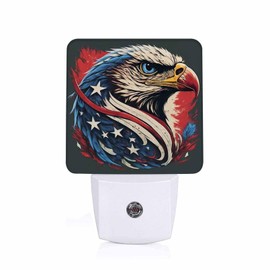 Jahiona LED Night Light Lamp with Smart Sensor Dusk to Dawn Sensor,Patriotic Bald Eagle Head Feathers Design with American Flag Incorporat Star Stripe Night Light Daylight White,0.5W Plug-into Wall